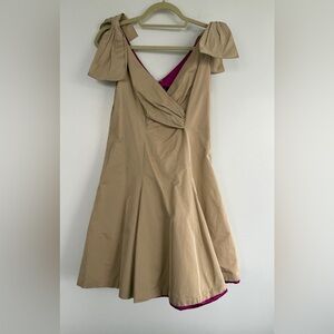 Nicole Miller NWT Vintage Shoulder Bows Sleeveless Tan Dress w/Pink Interior, 4